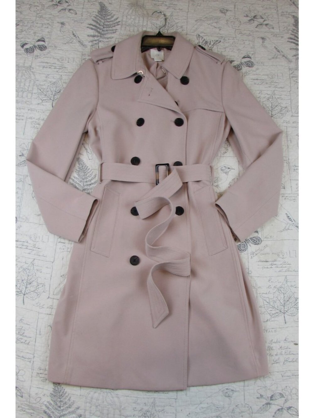 NEW H&M Women’s stretch Pale Pink Belted double breasted long Trench Coat S